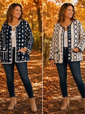 Patterned Navy & Cream Button Front Jacket